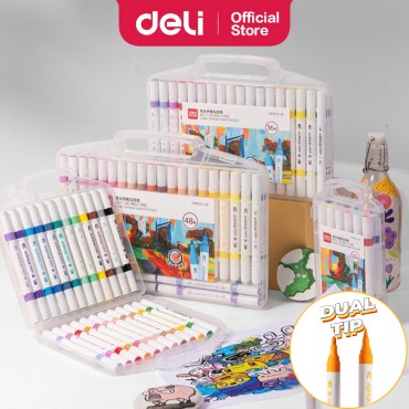 Deli Dual Tip Acrylic Marker Pen Set Water-Based Ink Strong Coverage No Bleed with Portable Carry Case