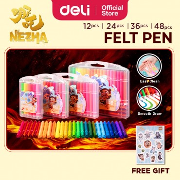 Deli Washable Erasable Felt Pen Set Non-Toxic Smooth Drawing Marker for Kids & Students Nezha 哪吒水彩笔