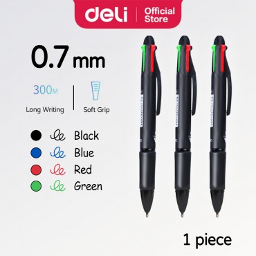 Deli 4-in-1 Multipen Color Ball Pen 0.7mm Gel Ink Ballpoint Multicolour Office Stationery Pen (1pcs)