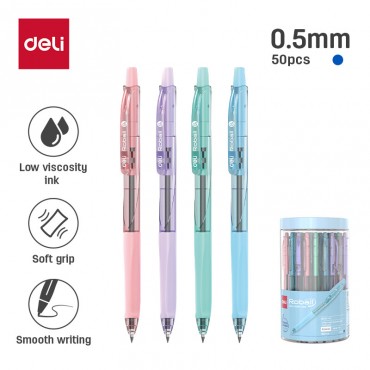 Deli Roball Ball Point Pen 0.5mm Blue Ink Smooth Writing Soft Grip Click Pen School Office