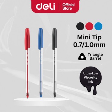 Deli Ball Point Pen 0.7mm 1.0mm Mini Tip | Smooth Writing | Triangular Barrel | Low Viscosity Ink