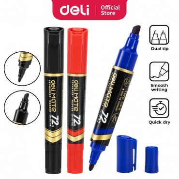 Deli Mate Permanent Marker Double Tip Low Odor Fast Dry Bullet & Chisel Tip Blue/Black/Red (1.5mm / 2-6mm)