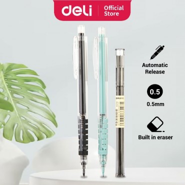 Deli Mechanical Pencil Fully Automatic Release Lead Pensel Tekan Picit Smooth Writing Triangular TPR Grip Refill (0.5mm)