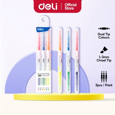 Deli Dual Tip Highlighter Set Textliner Pen Fluorescent Color School Office Journal Highlight (3pcs)