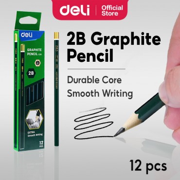 Deli Graphite Pencil 2B Extra Smooth Writing Pensil Student Exam Grade Sekolah Pensel Borong (12pcs)