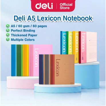 Deli Lexicon A5 Plain Lined Paper Colour Notebook 60gsm 60pages Minimalist Exercise Book Buku Nota Art Supplies