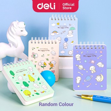 Deli Mini Coil Spiral Notebook A7 200 Pages Gift Cute Cartoon Notepad Memo Buku Nota Barang Sekolah Aesthetic Tearaway