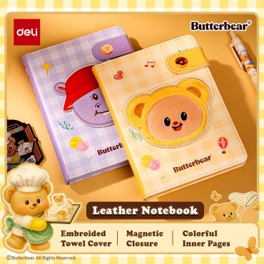 Deli Butterbear A6 Leather Notebook 96 Sheets Cute Magnetic Lock Journal Buku Nota Student Office