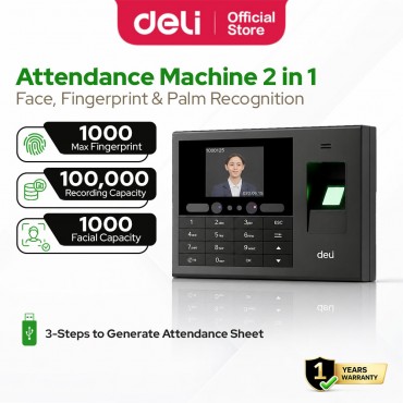 Deli Biometric Attendance Machine Face + Fingerprint + Palm Recognition Employee Time Recorder