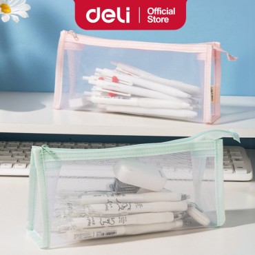 Deli Random Transparent Pencil Case Wide Opening Large Capacity Pink & Blue Color Stationery Pouch