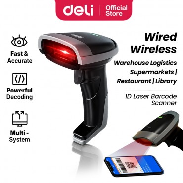 Deli Wireless 1D Laser Barcode Scanner USB Bluetooth Handheld Auto Scan POS System