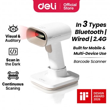 Deli Wireless Barcode Scanner 2D QR & 1D | USB/Bluetooth Handheld Scanner | Fast CMOS Auto Scan